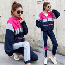 Load image into Gallery viewer, New Hooded sportswear two piece sets womens outfits 3 color patchwork vogue female Pants suit clothes Casual sweatsuit 2019