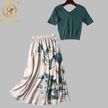 Load image into Gallery viewer, SMTHMA 2019 New Autumn Women elegant knit sweater top green slim pullovers +High waist floral skirts suit female two piece set