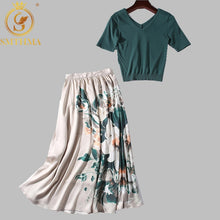 Load image into Gallery viewer, SMTHMA 2019 New Autumn Women elegant knit sweater top green slim pullovers +High waist floral skirts suit female two piece set
