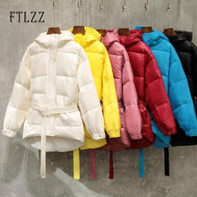 Load image into Gallery viewer, Women Street Down Coat New 2019 Female With Belt Single Breasted Hooded Medium Long White Down Jacket  Parka Warm Snow Outwear