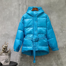 Load image into Gallery viewer, Women Street Down Coat New 2019 Female With Belt Single Breasted Hooded Medium Long White Down Jacket  Parka Warm Snow Outwear