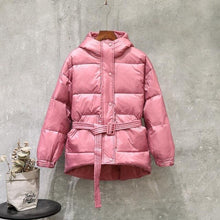 Load image into Gallery viewer, Women Street Down Coat New 2019 Female With Belt Single Breasted Hooded Medium Long White Down Jacket  Parka Warm Snow Outwear