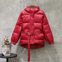 Load image into Gallery viewer, Women Street Down Coat New 2019 Female With Belt Single Breasted Hooded Medium Long White Down Jacket  Parka Warm Snow Outwear