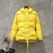 Load image into Gallery viewer, Women Street Down Coat New 2019 Female With Belt Single Breasted Hooded Medium Long White Down Jacket  Parka Warm Snow Outwear