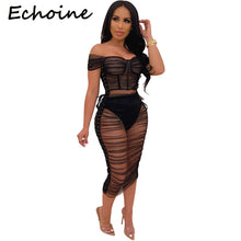 Load image into Gallery viewer, Echoine Sexy Sheer Mesh See Through Two Piece Set Slash Neck Off Shoulder Top + Dress Women Party Night Club Outfits