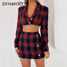 Load image into Gallery viewer, ZHYMIHRET Autumn Winter 2 Piece Set Plaid Dress Crop Top Women Long Sleeve Jacket And Pencil Skirt Two Piece Set Matching Sets